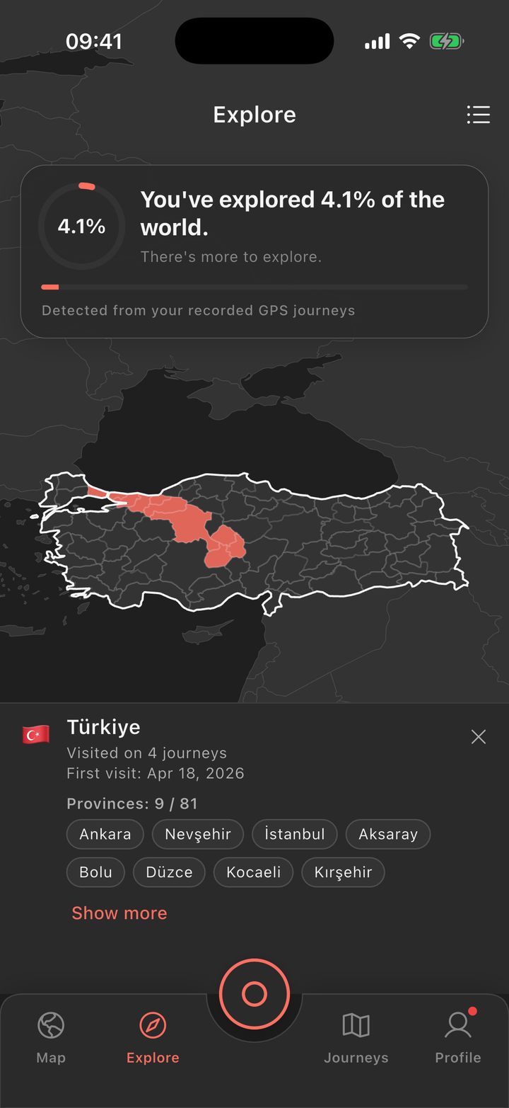 MapSeek Explore: 4.1% of the world explored, with Türkiye selected and 9 of 81 provinces visited.