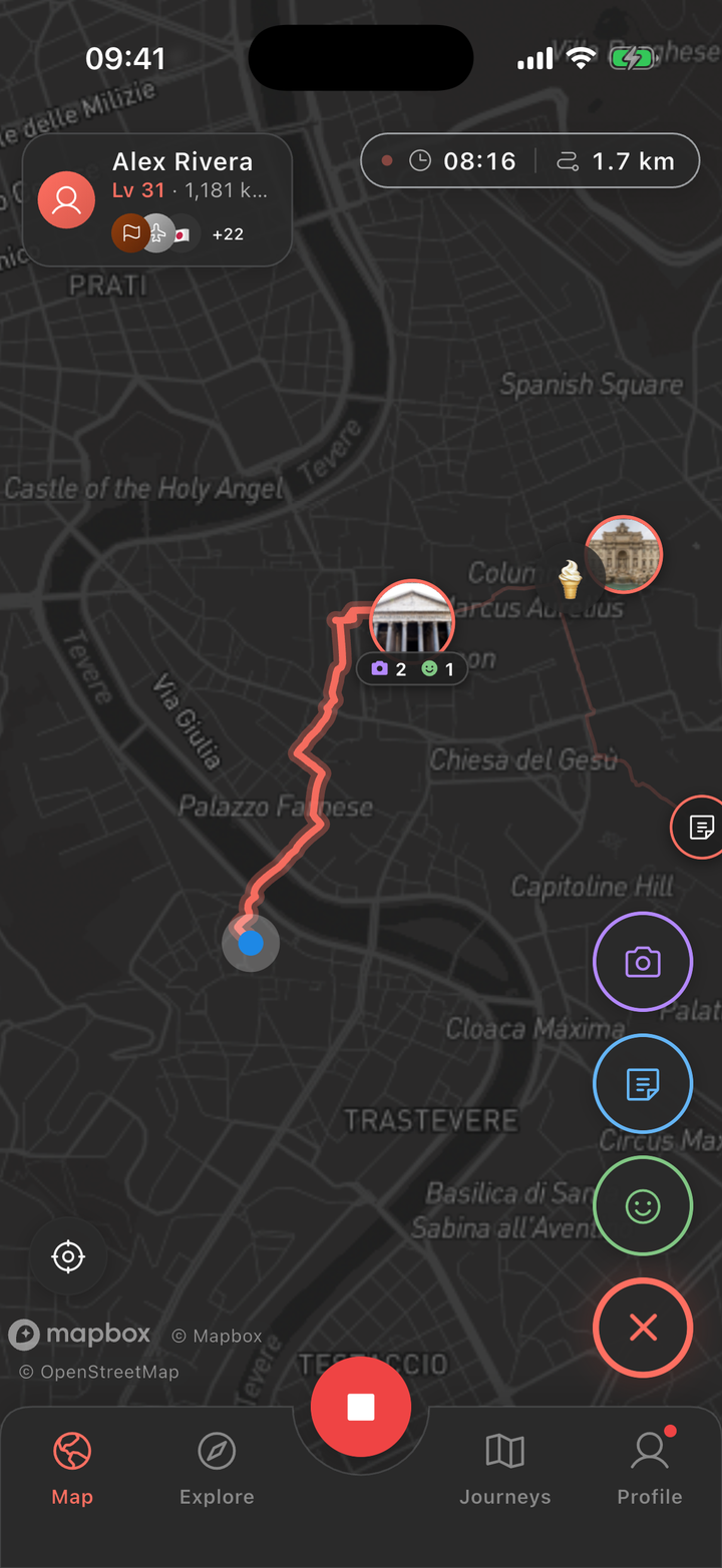 MapSeek recording a walk in Rome: the live route drawn on a dark map, with earlier journeys and their memories around it.